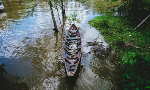Closeup shot of a wooden boat on the lake in Brazil A closeup shot of a wooden boat on the lake in Brazil